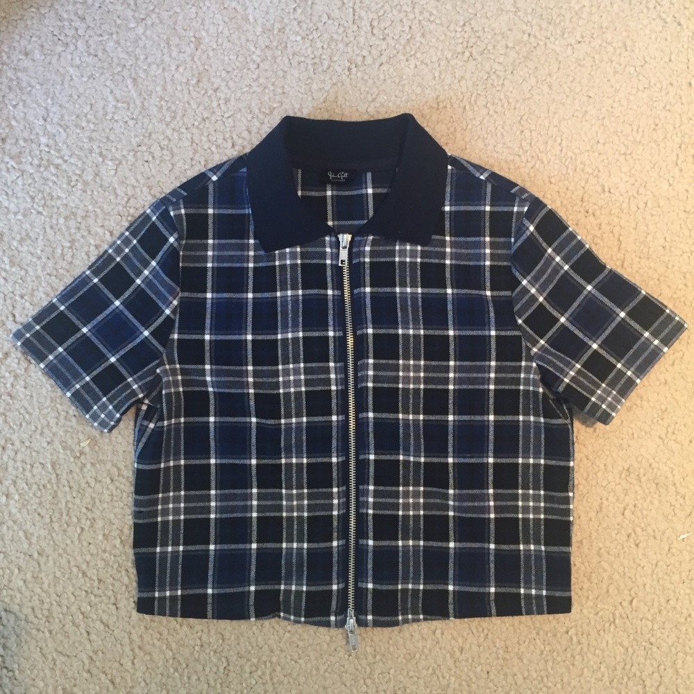 Brandy Melville Blue Plaid Zipper Caroline Collar